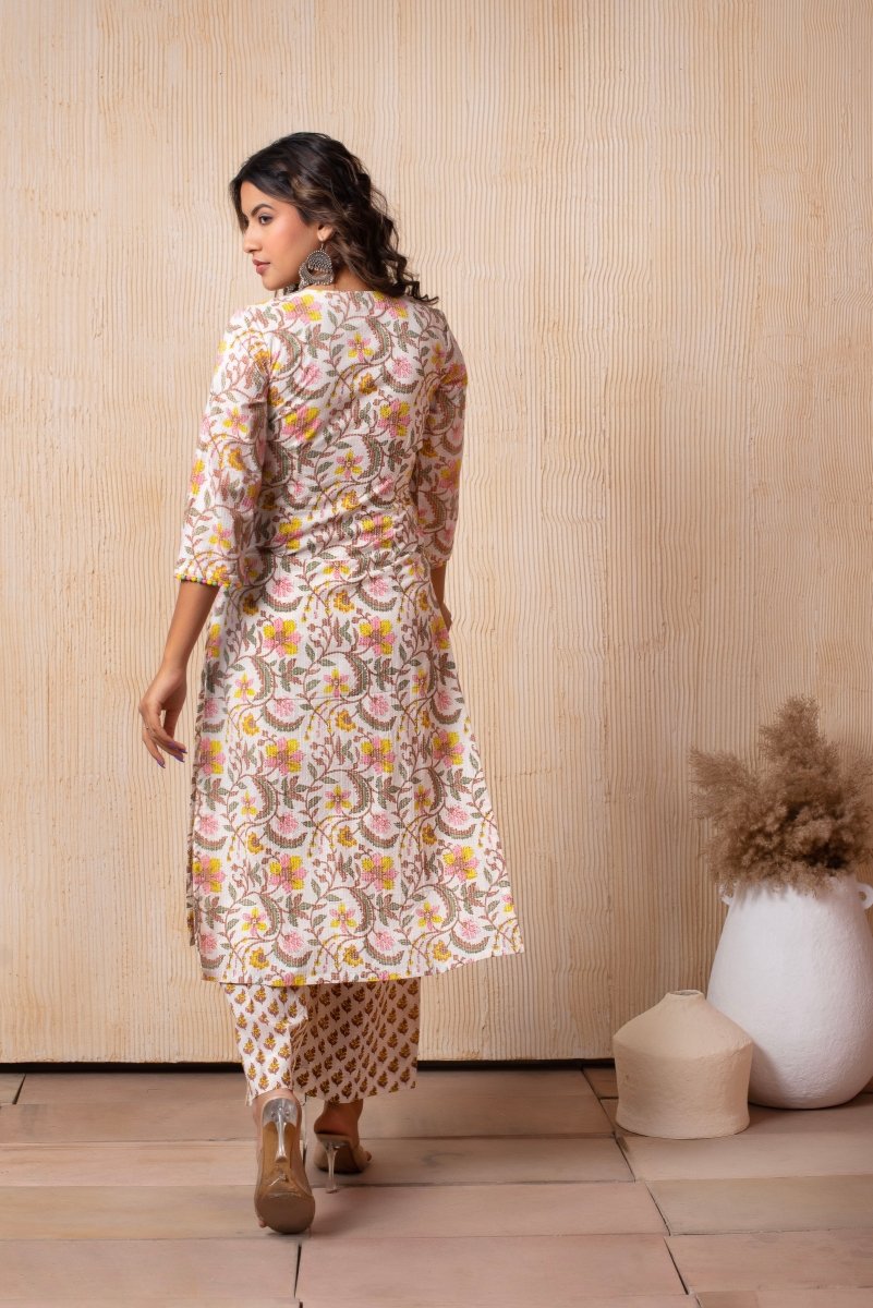 DHOOP CHAAV OFF WHITE YELLOW HAND BLOCK PRINT COTTON SUIT SET WITH SOFT NET DUPATTA - Pomcha Jaipur