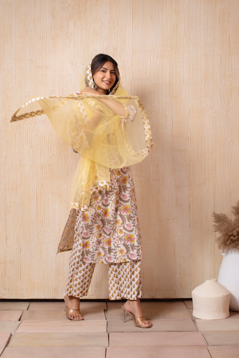 DHOOP CHAAV OFF WHITE YELLOW HAND BLOCK PRINT COTTON SUIT SET WITH SOFT NET DUPATTA - Pomcha Jaipur