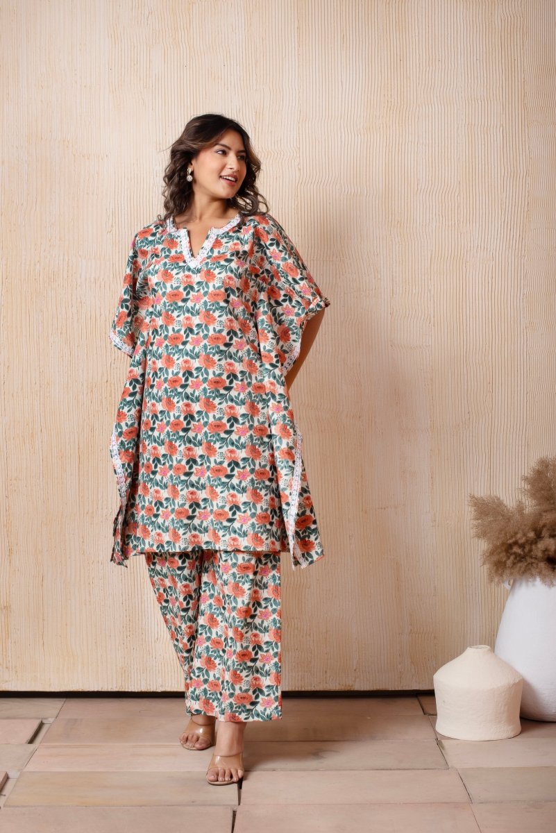 DHOOP CHAAV ORANGE PHOOL COTTON HAND BLOCK KAFTAN PANT SET - Pomcha Jaipur