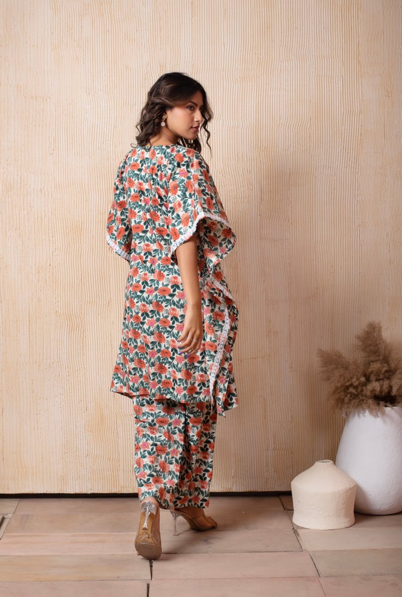 DHOOP CHAAV ORANGE PHOOL COTTON HAND BLOCK KAFTAN PANT SET - Pomcha Jaipur