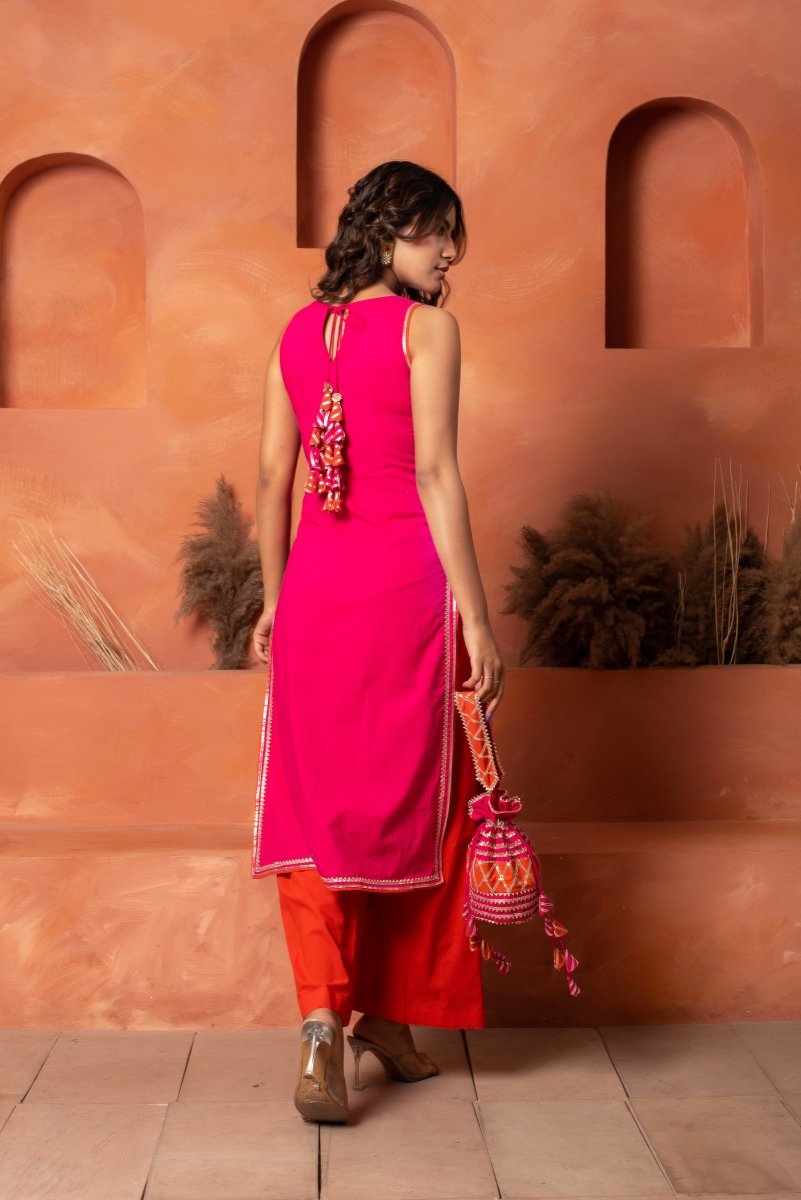 DHOOP CHAAV ORANGE PINK COTTON KURTA SET WITH PRINTED CHIFFON DUPATTA - Pomcha Jaipur