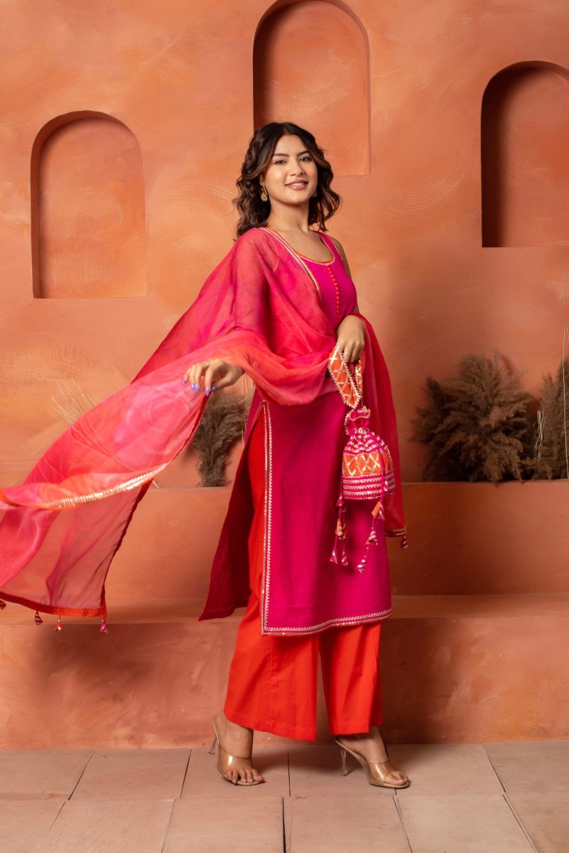 DHOOP CHAAV ORANGE PINK COTTON KURTA SET WITH PRINTED CHIFFON DUPATTA - Pomcha Jaipur