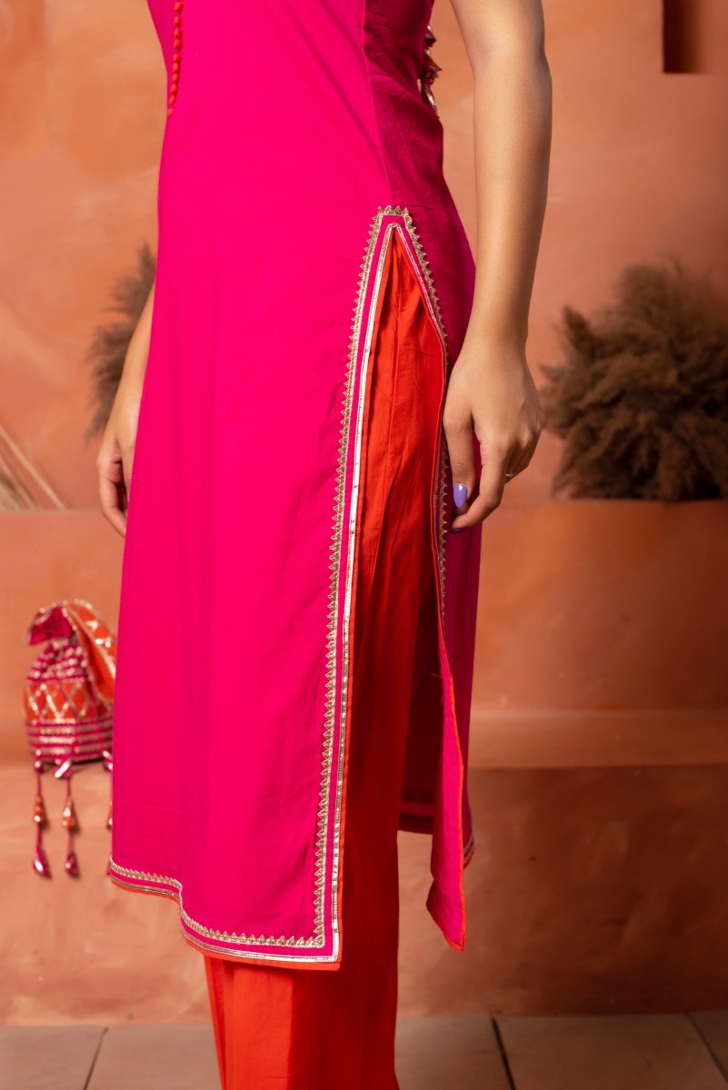 DHOOP CHAAV ORANGE PINK COTTON KURTA SET WITH PRINTED CHIFFON DUPATTA - Pomcha Jaipur