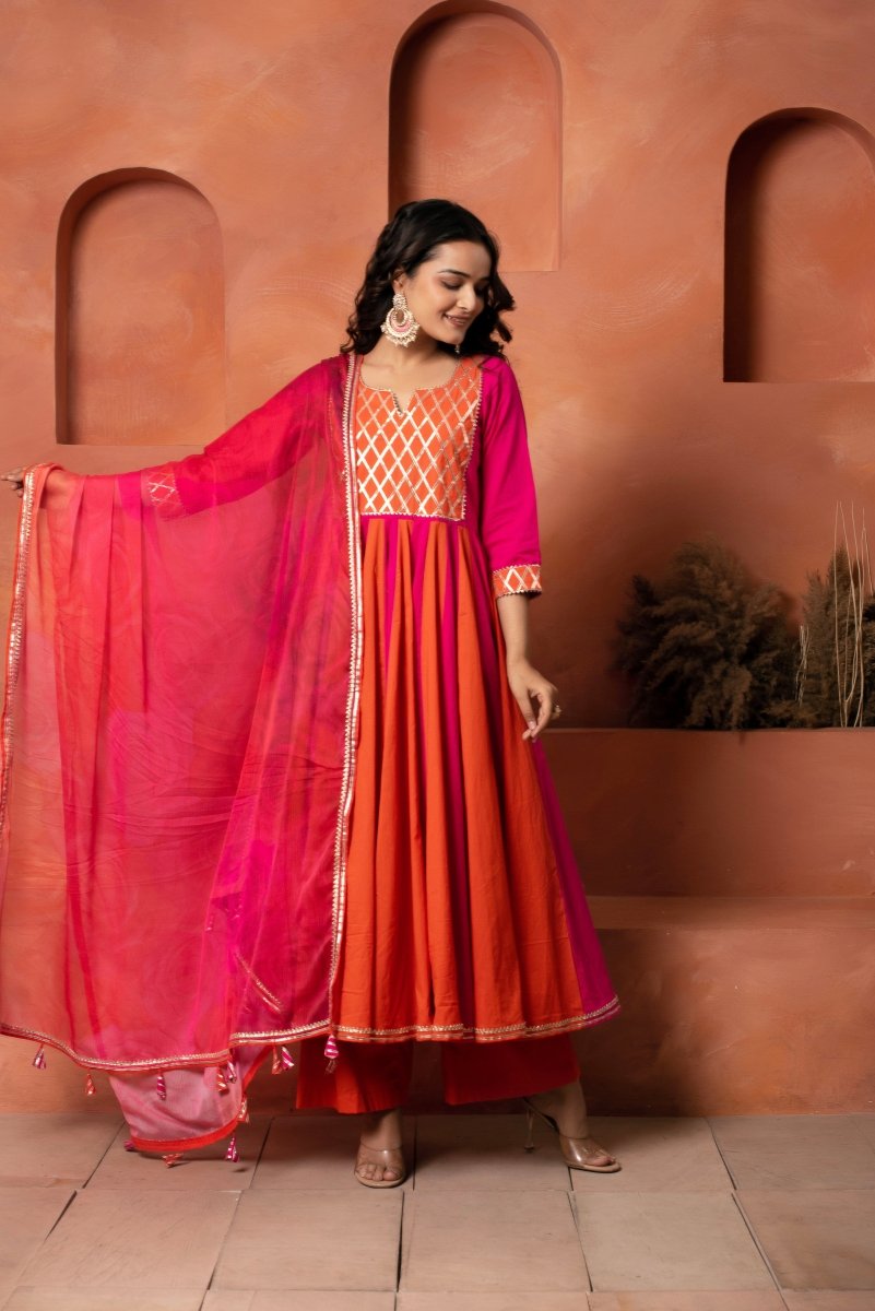 DHOOP CHAAV ORANGE PINK SHADE COTTON ANARKALI SET WITH CHIFFON PRINTED DUPATTA - Pomcha Jaipur