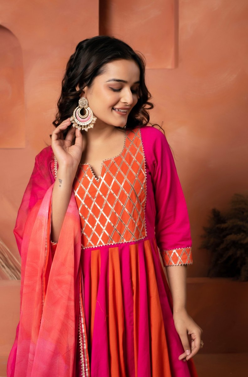 DHOOP CHAAV ORANGE PINK SHADE COTTON ANARKALI SET WITH CHIFFON PRINTED DUPATTA - Pomcha Jaipur