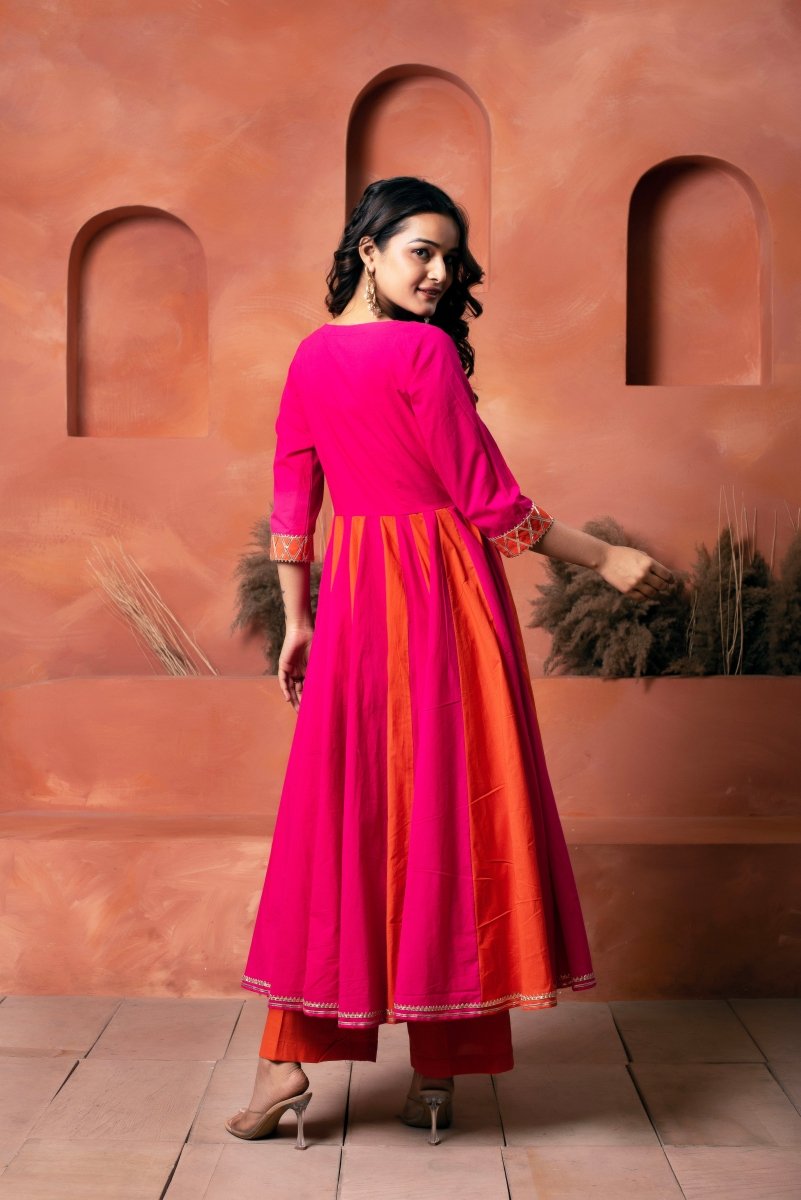 DHOOP CHAAV ORANGE PINK SHADE COTTON ANARKALI SET WITH CHIFFON PRINTED DUPATTA - Pomcha Jaipur