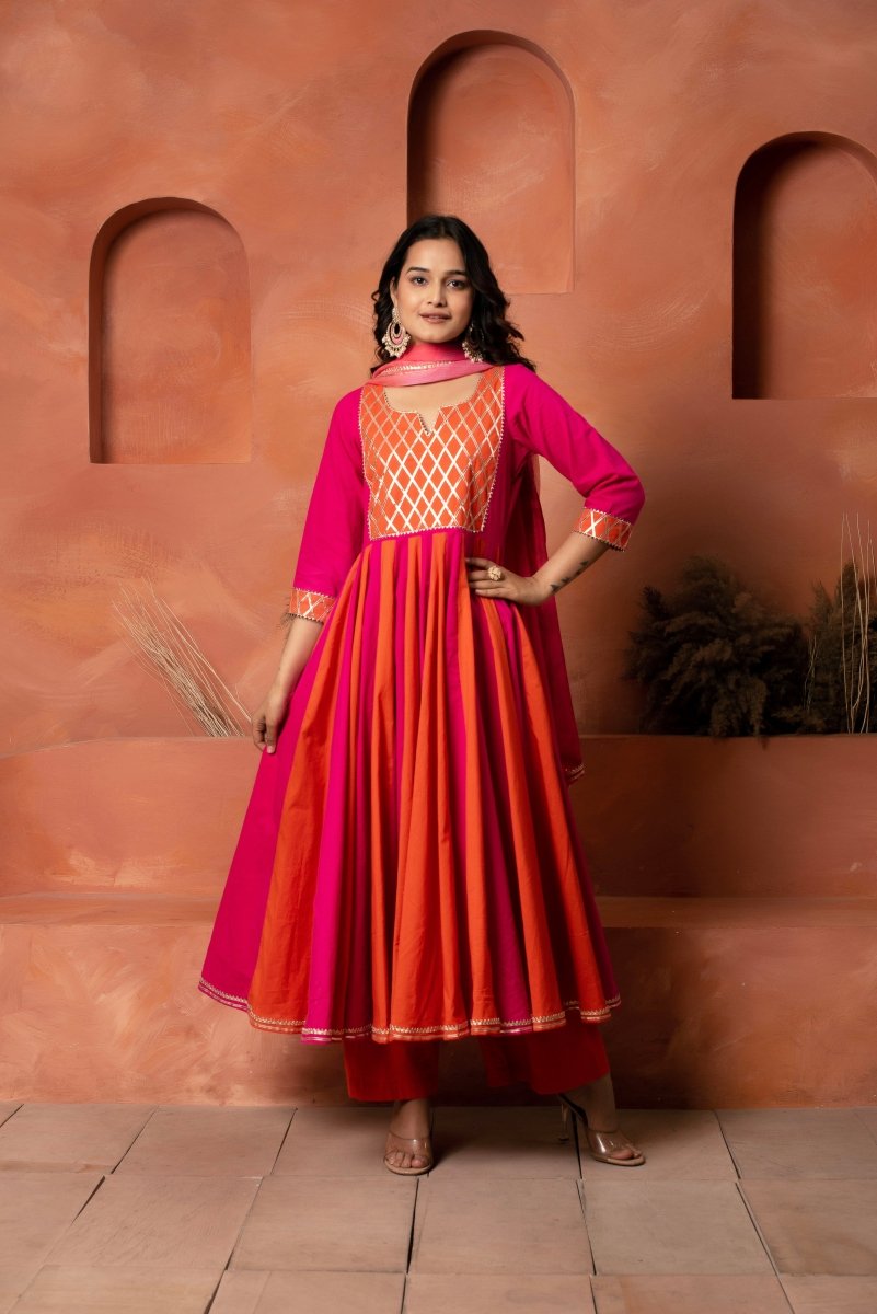 DHOOP CHAAV ORANGE PINK SHADE COTTON ANARKALI SET WITH CHIFFON PRINTED DUPATTA - Pomcha Jaipur