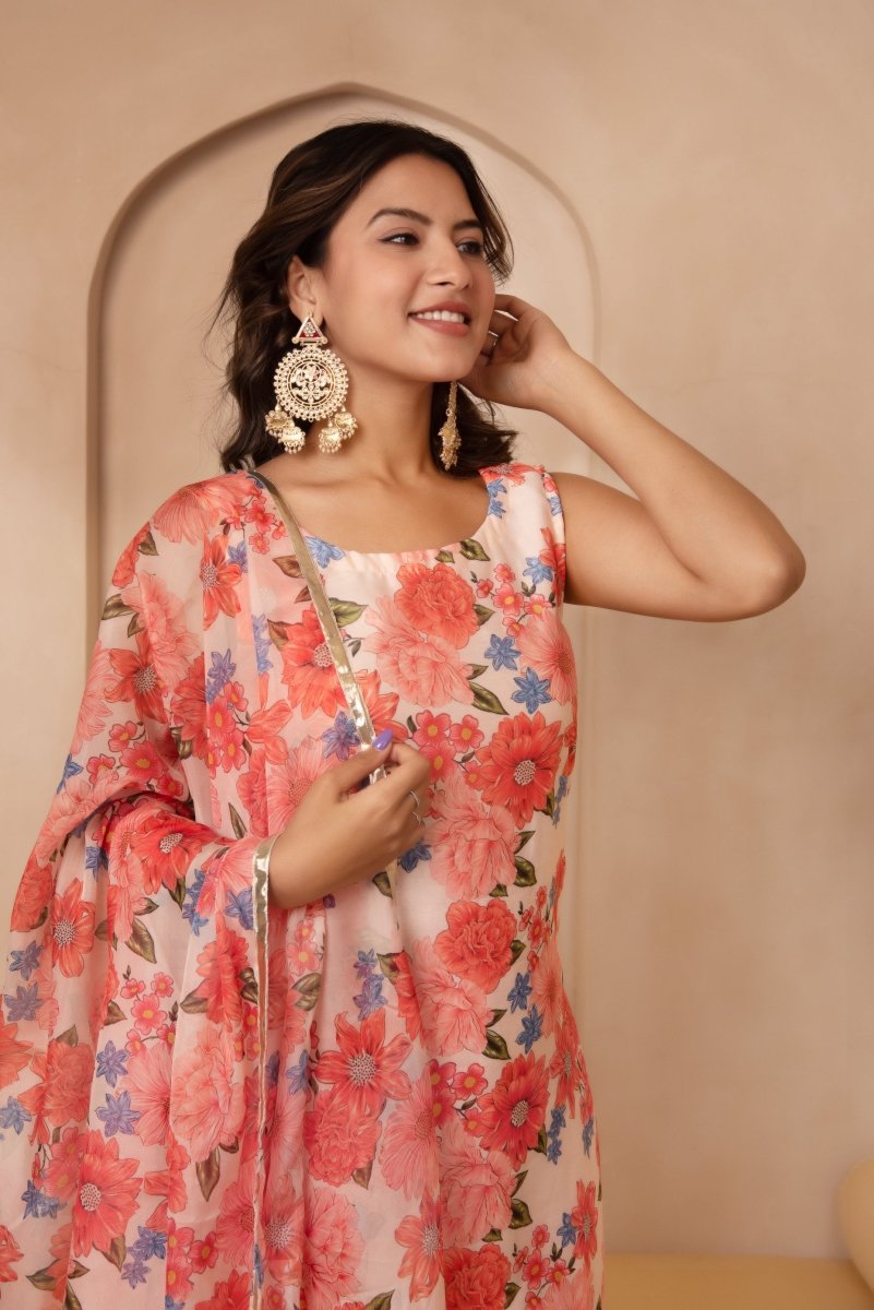 DHOOP CHAAV PEACH FLORAL MUSLIN STRAIGHT SUIT SET WITH ORGANZA DUPATTA - Pomcha Jaipur