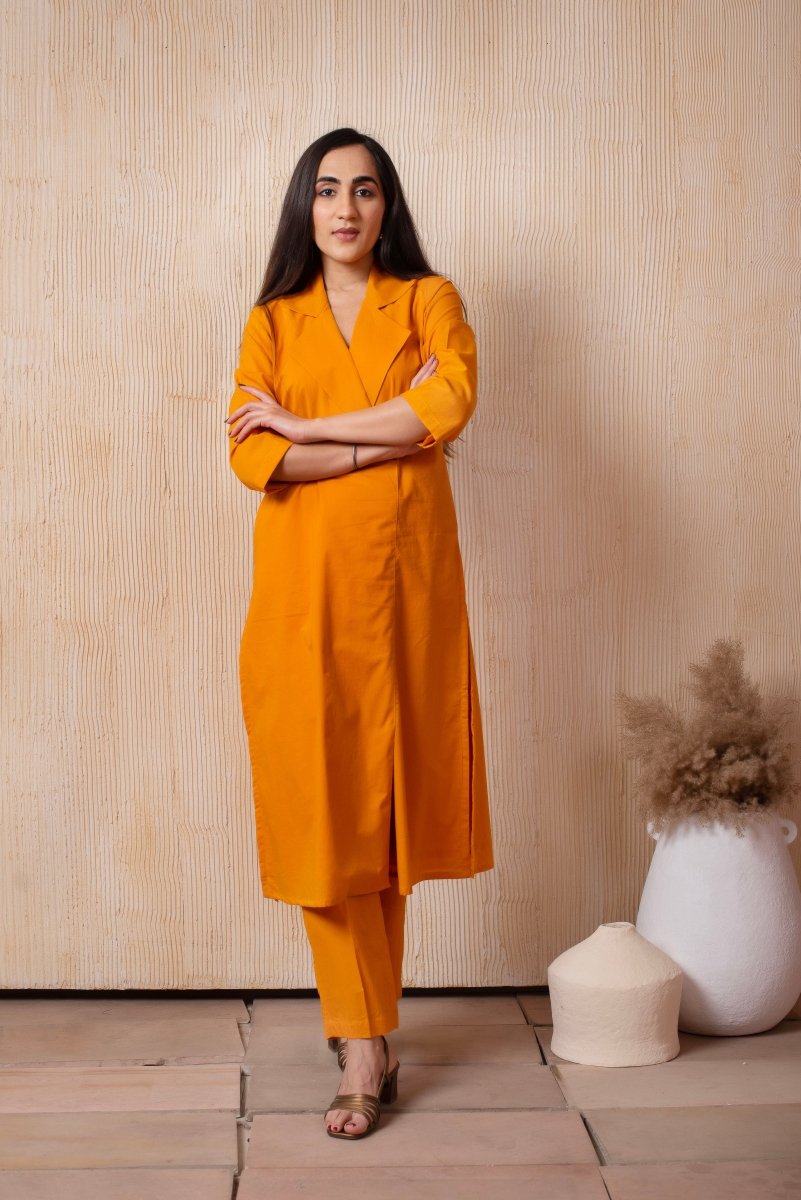 DHOOP CHAAV PUMPKIN ORANGE COTTON COLLARED CO - ORD SET - Pomcha Jaipur