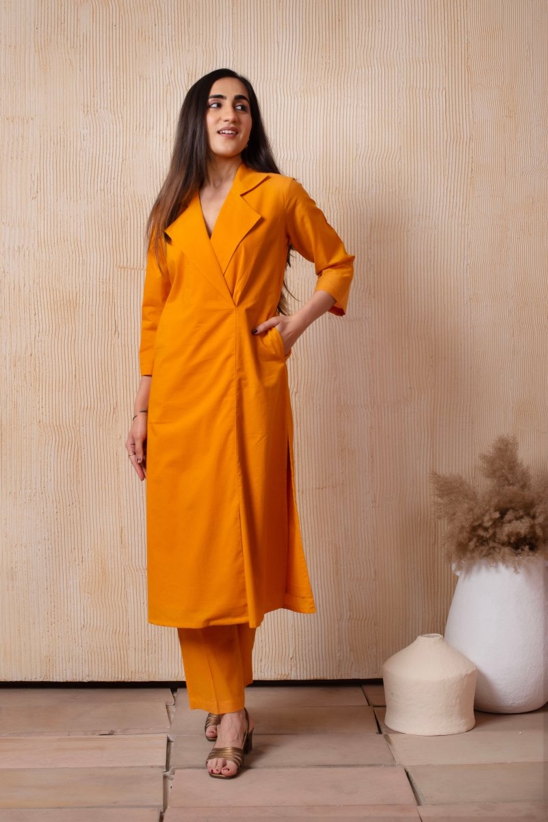 DHOOP CHAAV PUMPKIN ORANGE COTTON COLLARED CO - ORD SET - Pomcha Jaipur