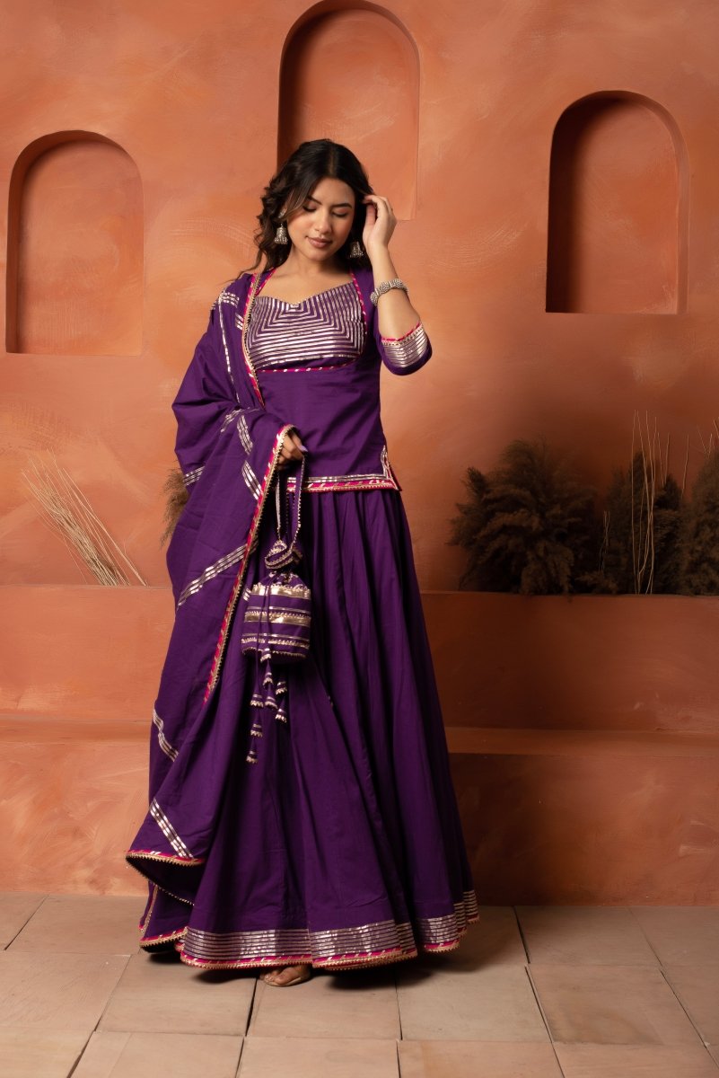 DHOOP CHAAV PURPLE GOTA PATTI COTTON LEHENGA SET WITH GOTA JAAL COTTON DUPATTA - Pomcha Jaipur