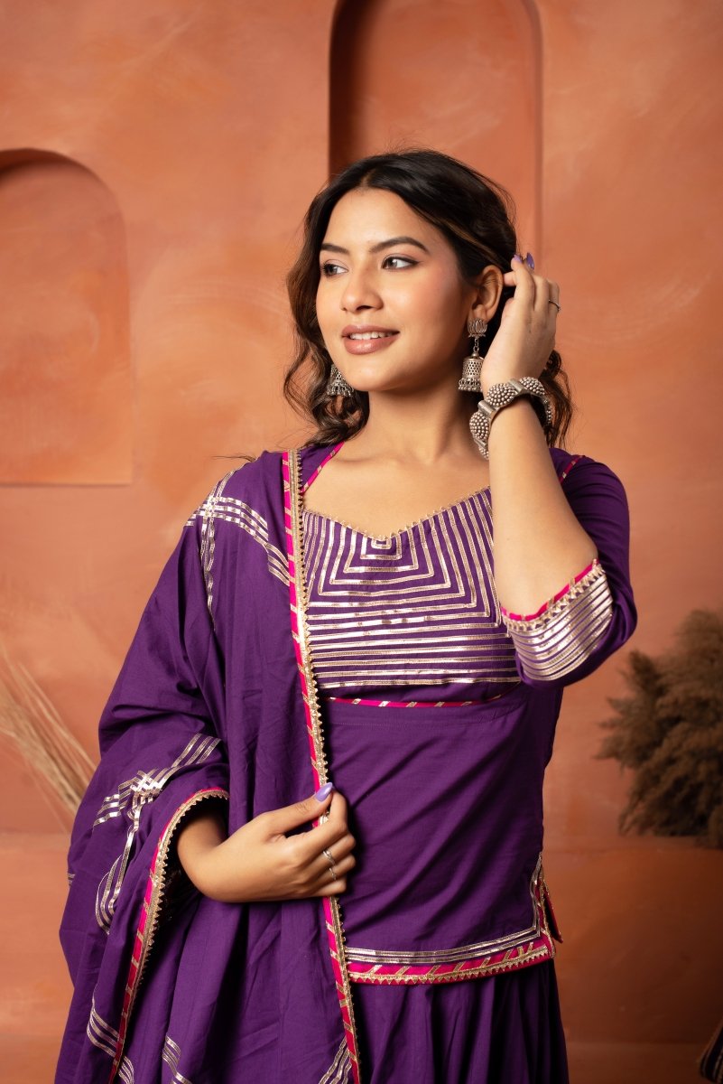DHOOP CHAAV PURPLE GOTA PATTI COTTON LEHENGA SET WITH GOTA JAAL COTTON DUPATTA - Pomcha Jaipur
