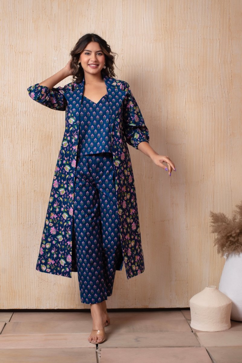 DHOOP - CHAAV RAHA BLUE COTTON HAND BLOCK BUSTIER AND PANT WITH BLAZER - Pomcha Jaipur
