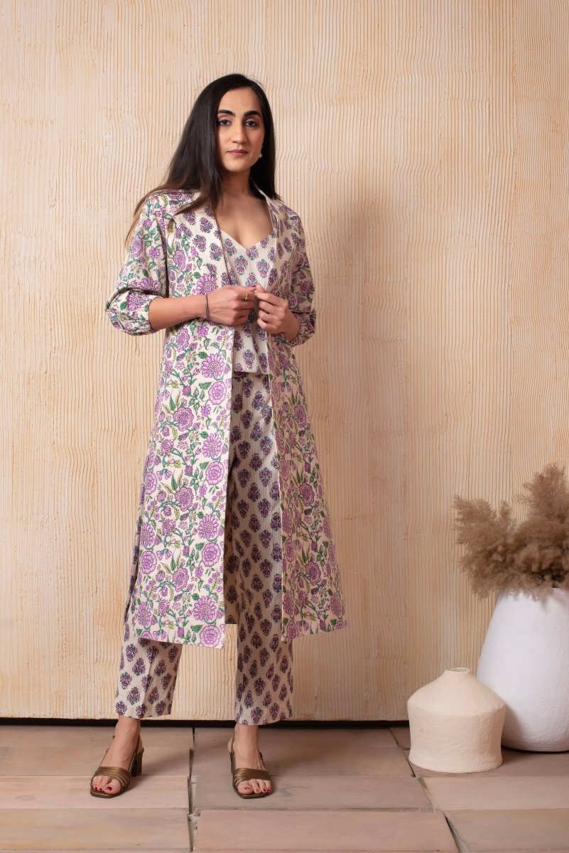 DHOOP - CHAAV RAHA OFF - WHITE COTTON HAND BLOCK BUSTIER AND PANT WITH BLAZER - Pomcha Jaipur
