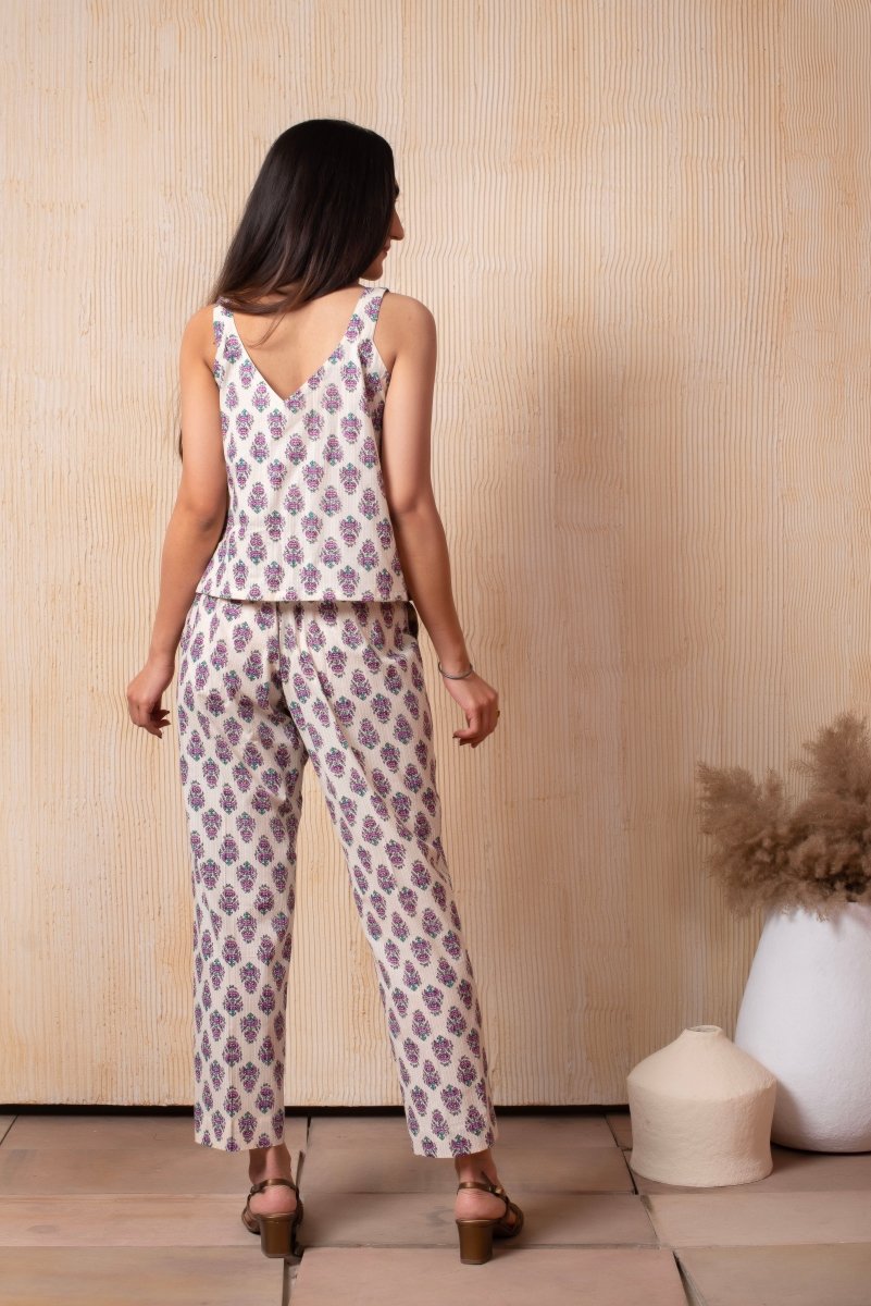 DHOOP - CHAAV RAHA OFF - WHITE COTTON HAND BLOCK BUSTIER AND PANT WITH BLAZER - Pomcha Jaipur