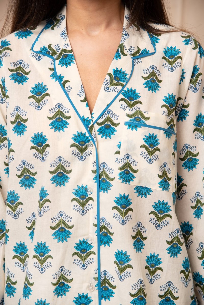 DHOOP CHAAV SAANJH BLUE MOTIF NIGHT SUIT SET - Pomcha Jaipur