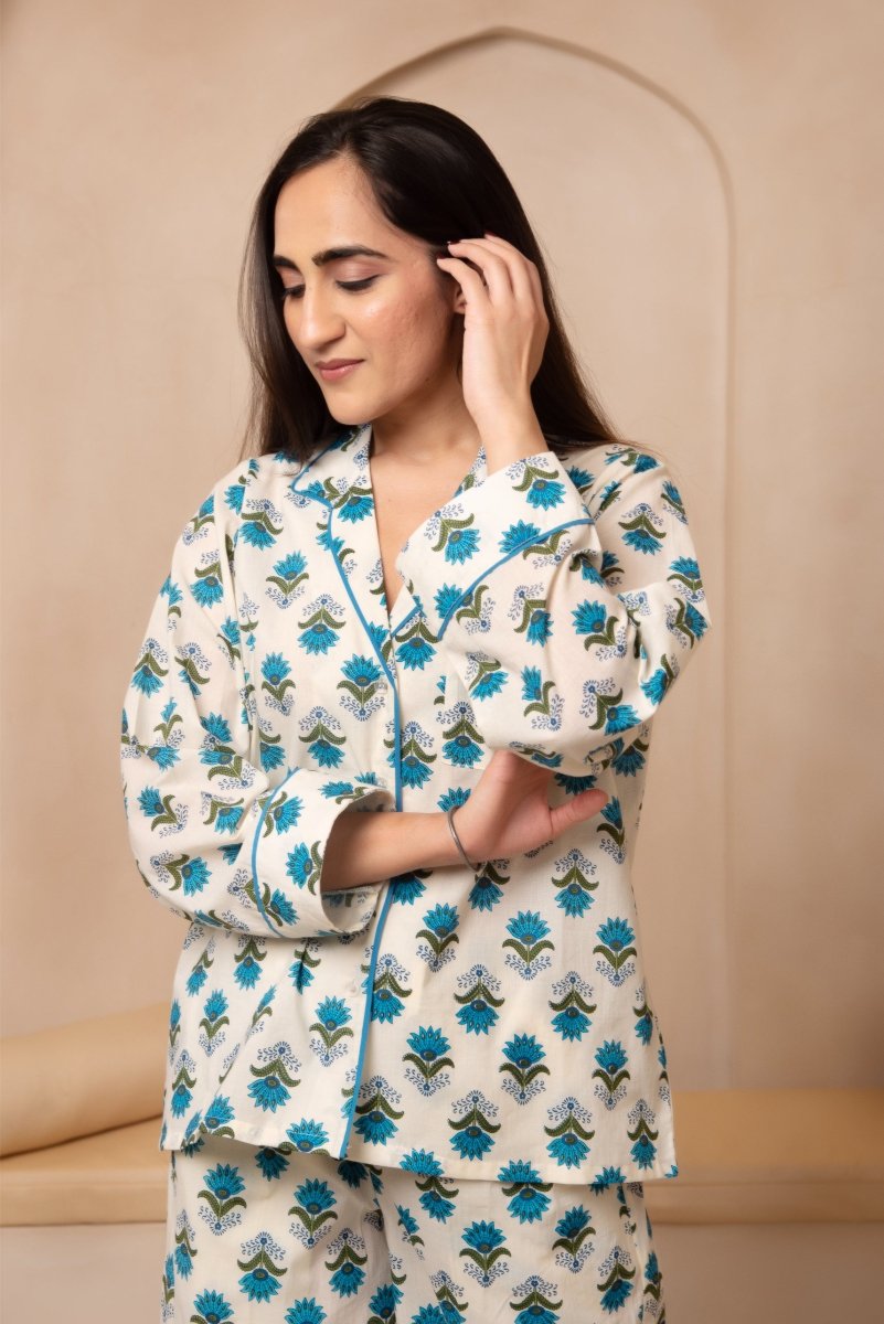 DHOOP CHAAV SAANJH BLUE MOTIF NIGHT SUIT SET - Pomcha Jaipur