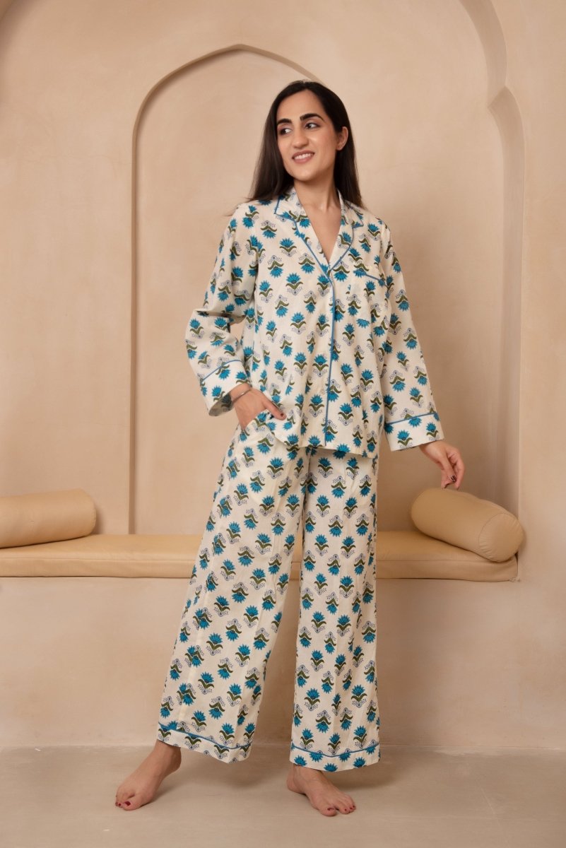 DHOOP CHAAV SAANJH BLUE MOTIF NIGHT SUIT SET - Pomcha Jaipur
