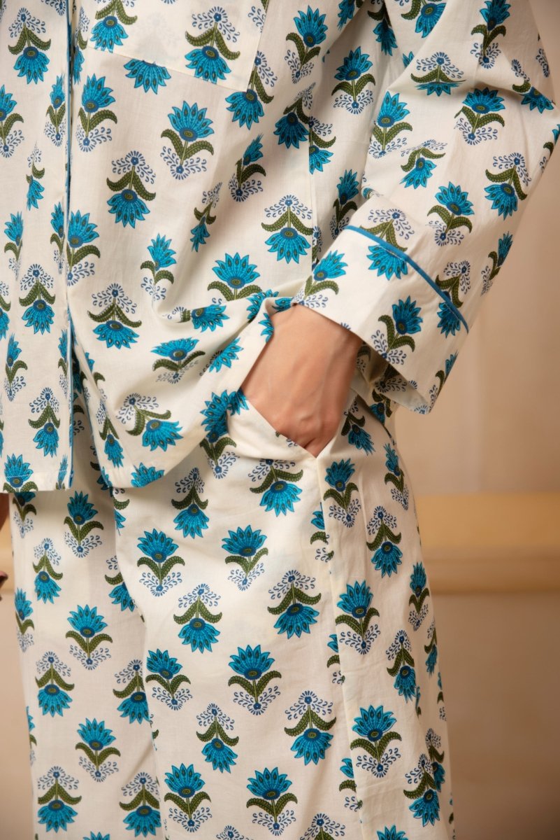 DHOOP CHAAV SAANJH BLUE MOTIF NIGHT SUIT SET - Pomcha Jaipur