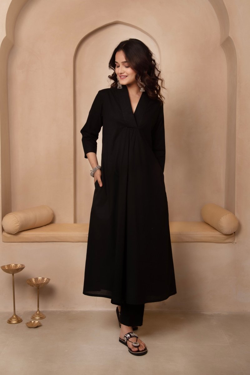 Pomcha Jaipur Dhoop Chaav Sama Black Cotton Anarkali Kurta Suit Set