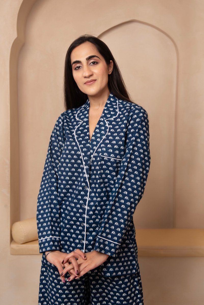 DHOOP CHAAV SANJH NAVY BLUE NIGHT SUIT SET - Pomcha Jaipur