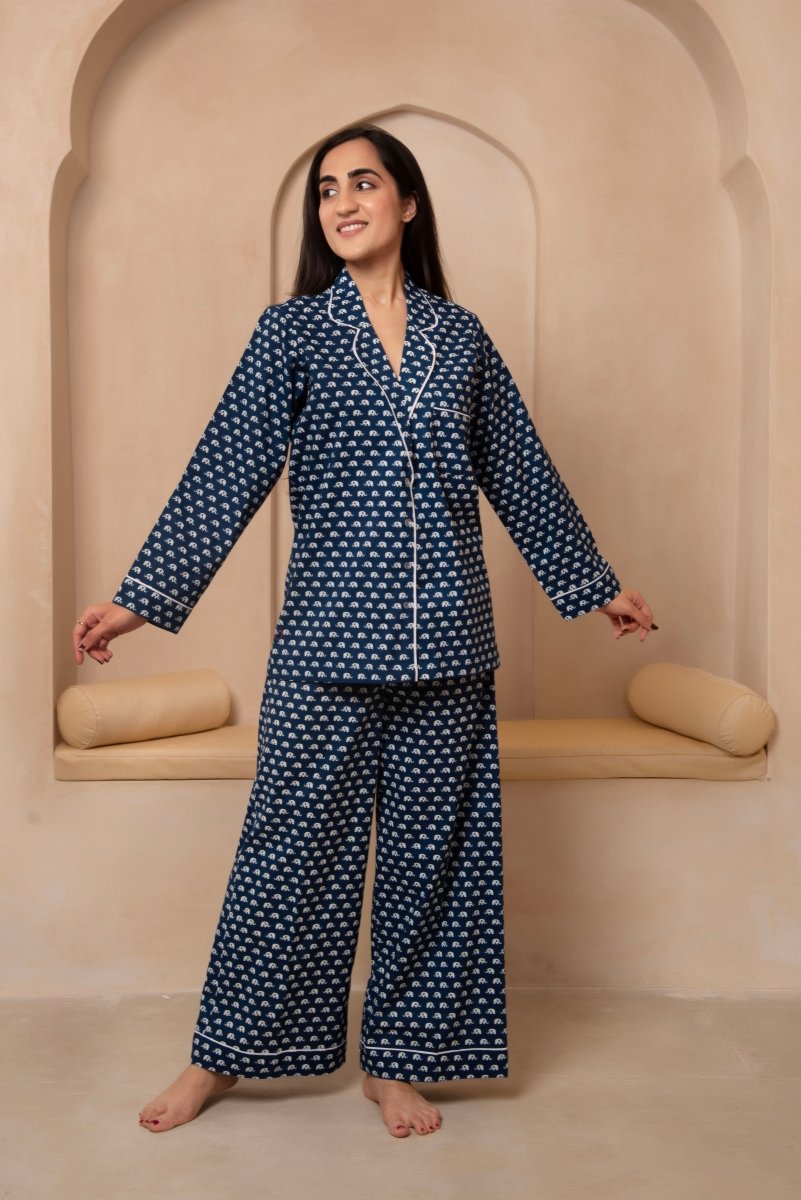DHOOP CHAAV SANJH NAVY BLUE NIGHT SUIT SET - Pomcha Jaipur