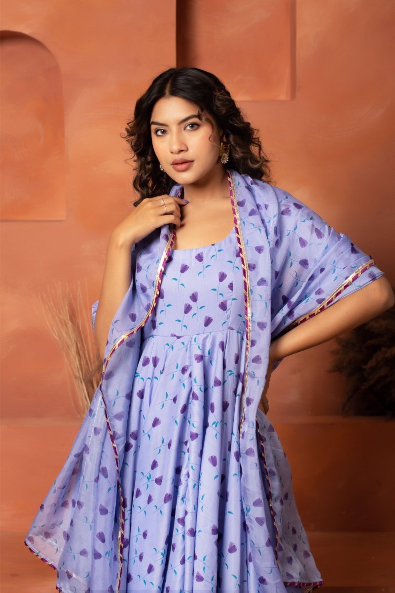 DHOOP CHAAV URVI MUSLIN ANARKALI SET WITH ORGANZA DUPATTA - Pomcha Jaipur