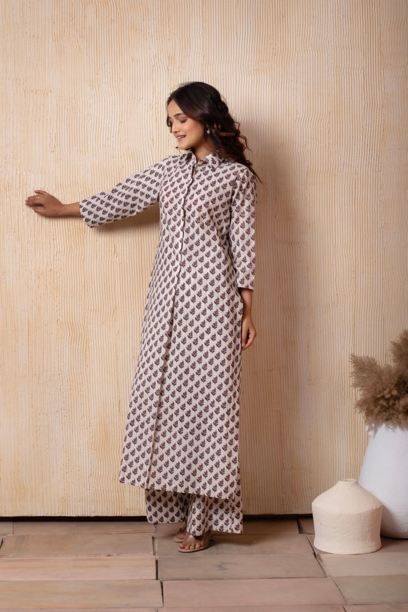 DHOOP CHAAV WHITE COTTON PURPLE CHOTI BOOTI HAND BLOCK PRINT LONG SHIRT - Pomcha Jaipur