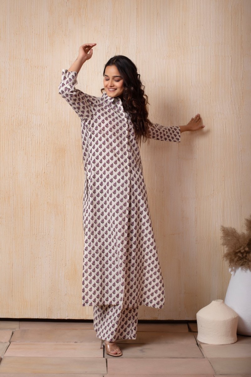DHOOP CHAAV WHITE COTTON PURPLE CHOTI BOOTI HAND BLOCK PRINT LONG SHIRT - Pomcha Jaipur