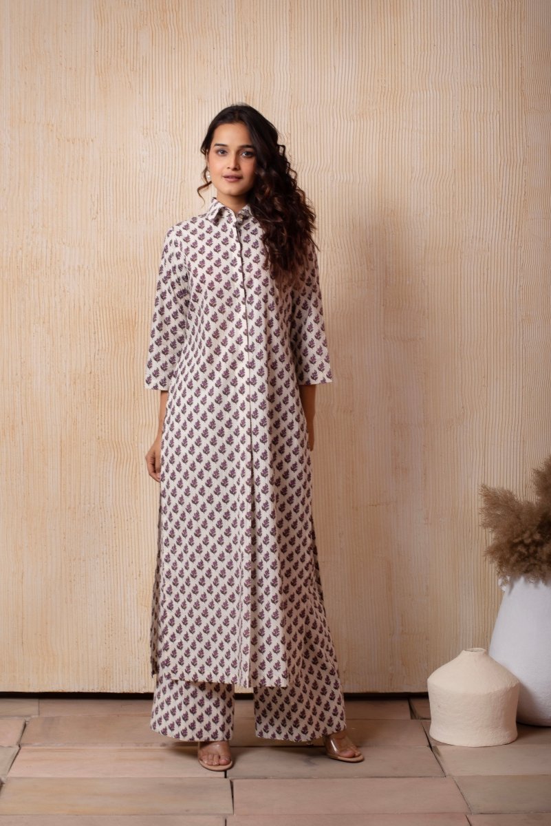 DHOOP CHAAV WHITE COTTON PURPLE CHOTI BOOTI HAND BLOCK PRINT LONG SHIRT - Pomcha Jaipur