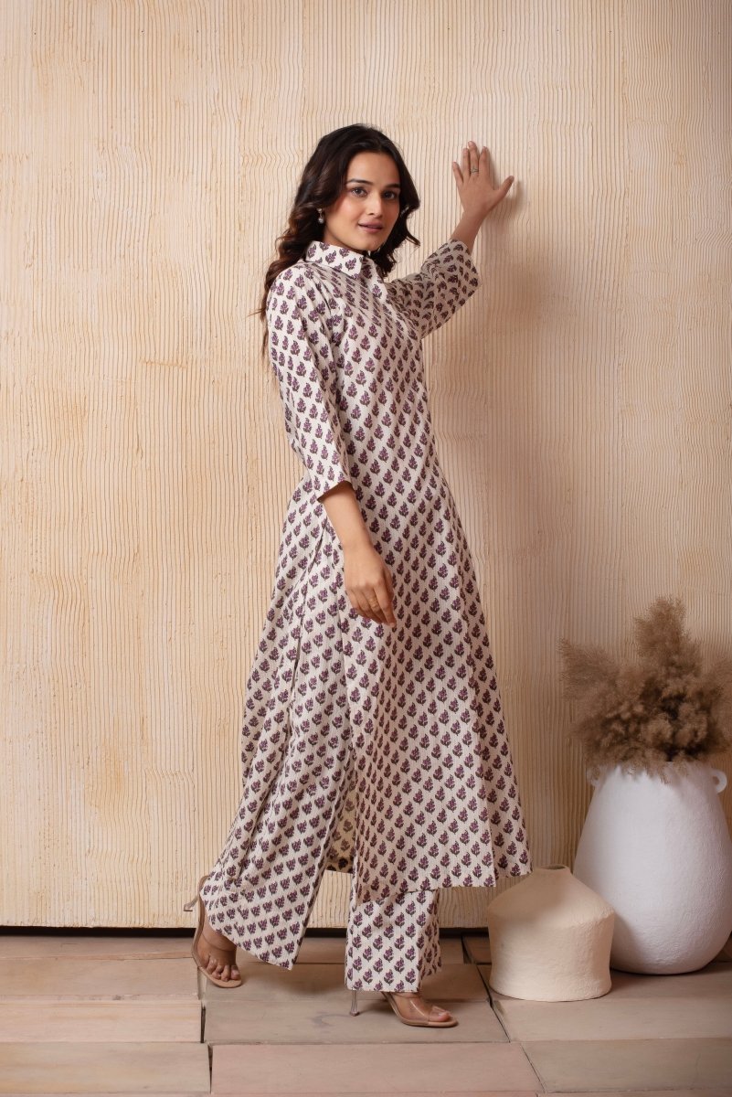 DHOOP CHAAV WHITE COTTON PURPLE CHOTI BOOTI HAND BLOCK PRINT LONG SHIRT - Pomcha Jaipur