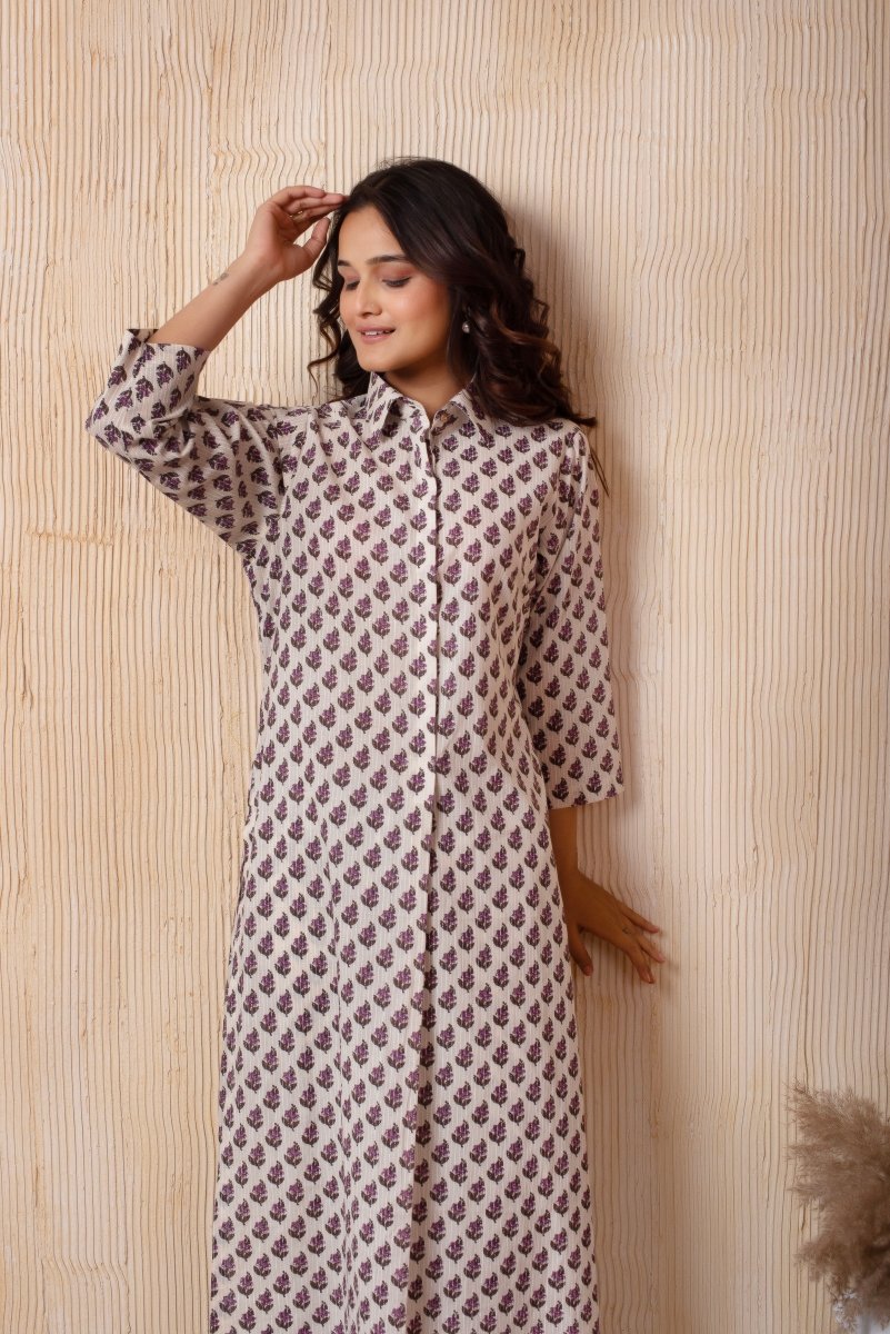DHOOP CHAAV WHITE COTTON PURPLE CHOTI BOOTI HAND BLOCK PRINT LONG SHIRT - Pomcha Jaipur