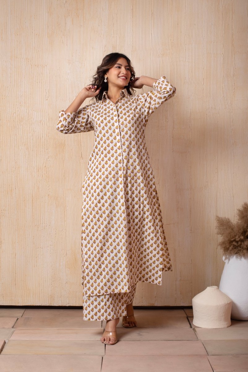 DHOOP CHAAV WHITE COTTON YELLOW CHOTI BOOTI HAND BLOCK PRINT LONG SHIRT WITH PANT - Pomcha Jaipur