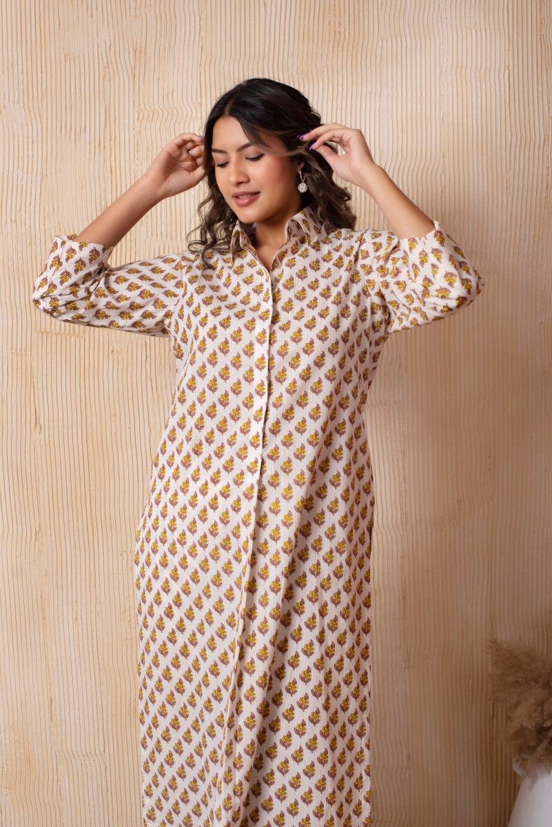 DHOOP CHAAV WHITE COTTON YELLOW CHOTI BOOTI HAND BLOCK PRINT LONG SHIRT WITH PANT - Pomcha Jaipur