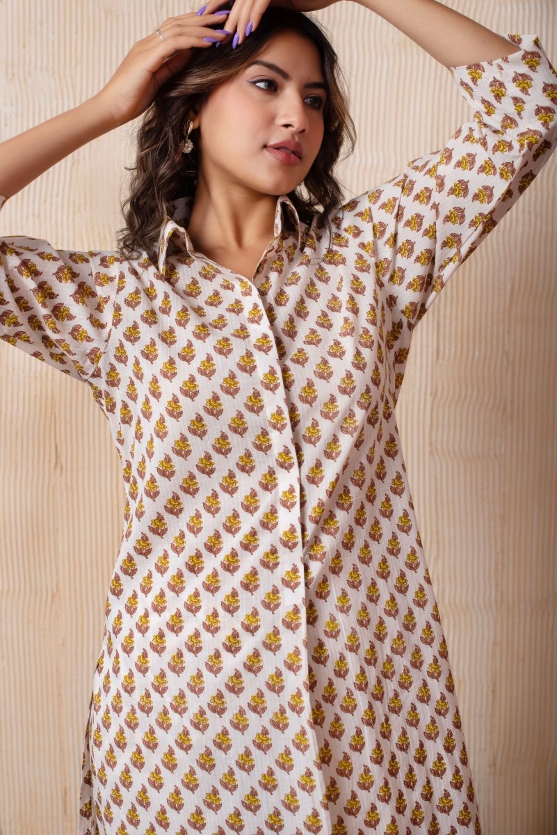 DHOOP CHAAV WHITE COTTON YELLOW CHOTI BOOTI HAND BLOCK PRINT LONG SHIRT WITH PANT - Pomcha Jaipur