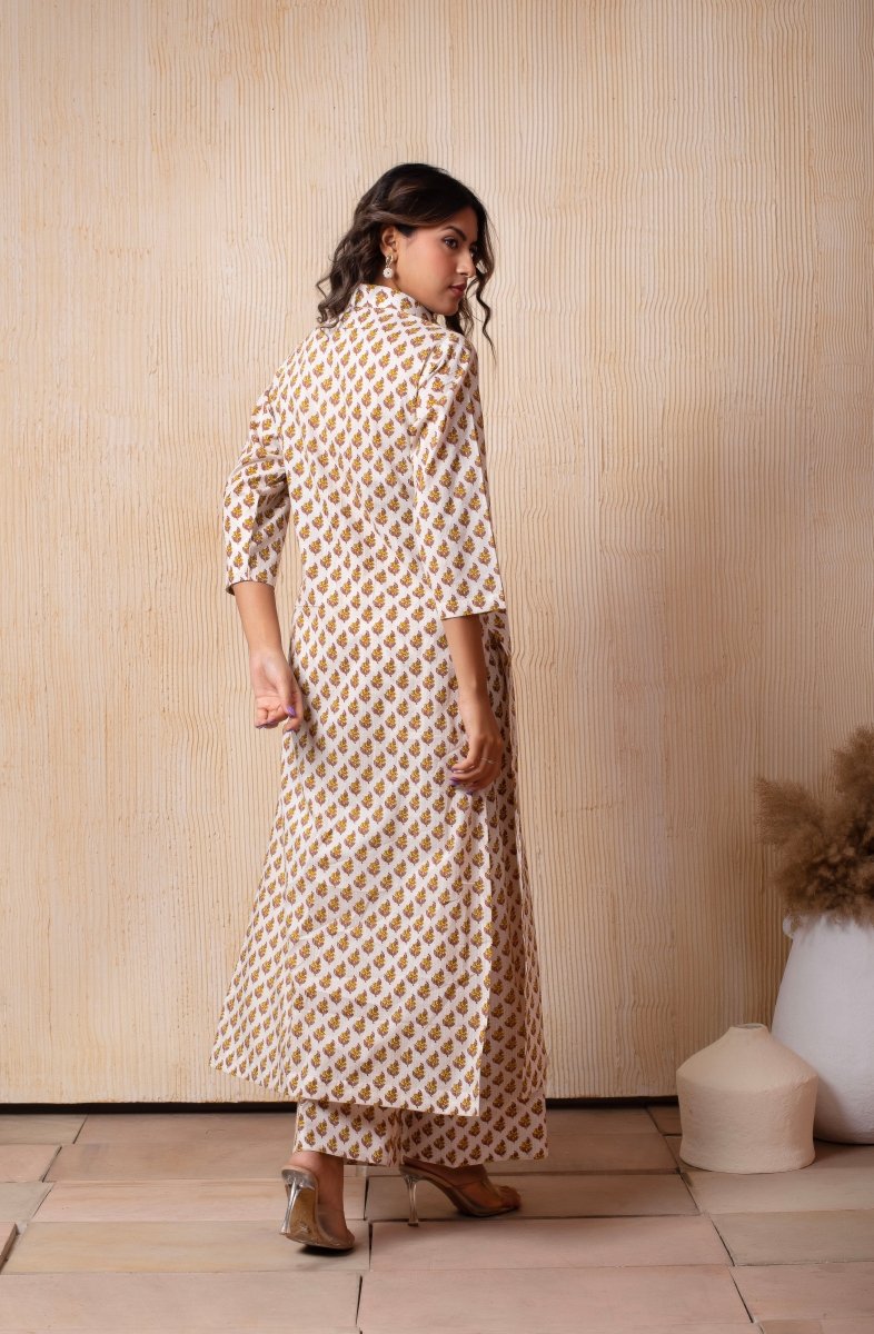 DHOOP CHAAV WHITE COTTON YELLOW CHOTI BOOTI HAND BLOCK PRINT LONG SHIRT WITH PANT - Pomcha Jaipur