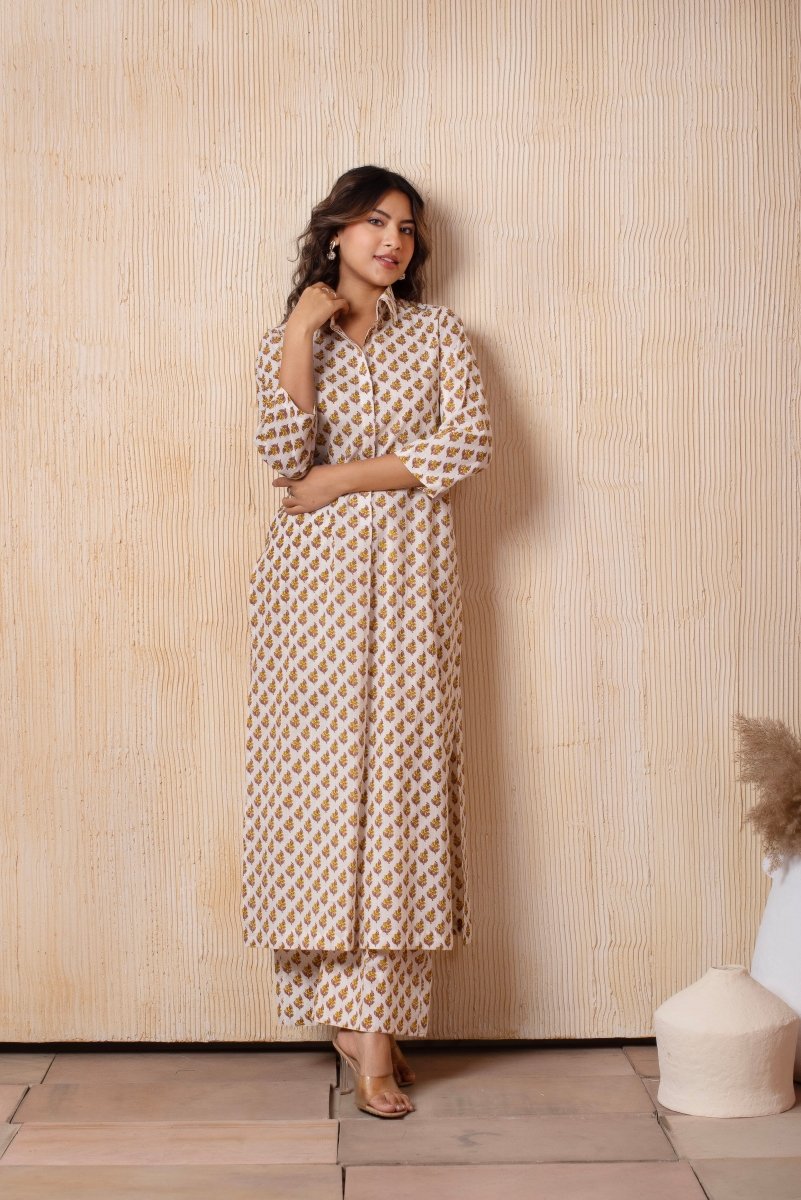 DHOOP CHAAV WHITE COTTON YELLOW CHOTI BOOTI HAND BLOCK PRINT LONG SHIRT WITH PANT - Pomcha Jaipur