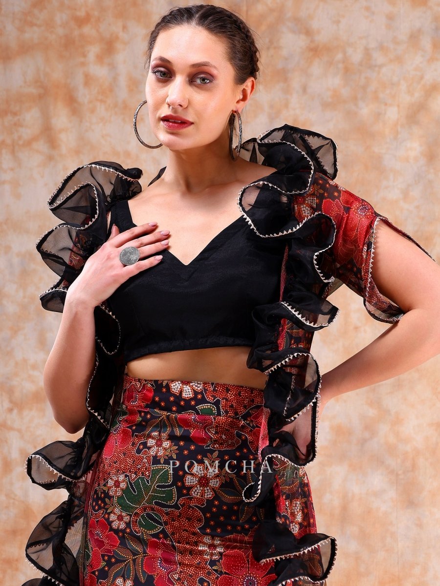 DIL KASH BLACK MUSLIN AND ORGANZA LEHENGA WITH CHIFFON SHRUG SET - Pomcha Jaipur