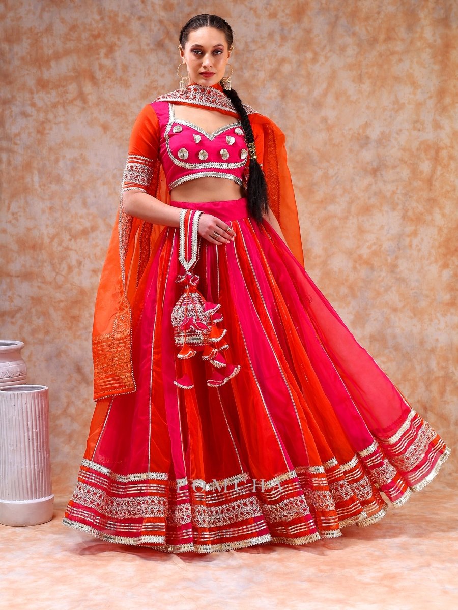 DIL KASH ORANGE PINK DOUBLE SHADE organza LEHENGA with lace work - Pomcha Jaipur