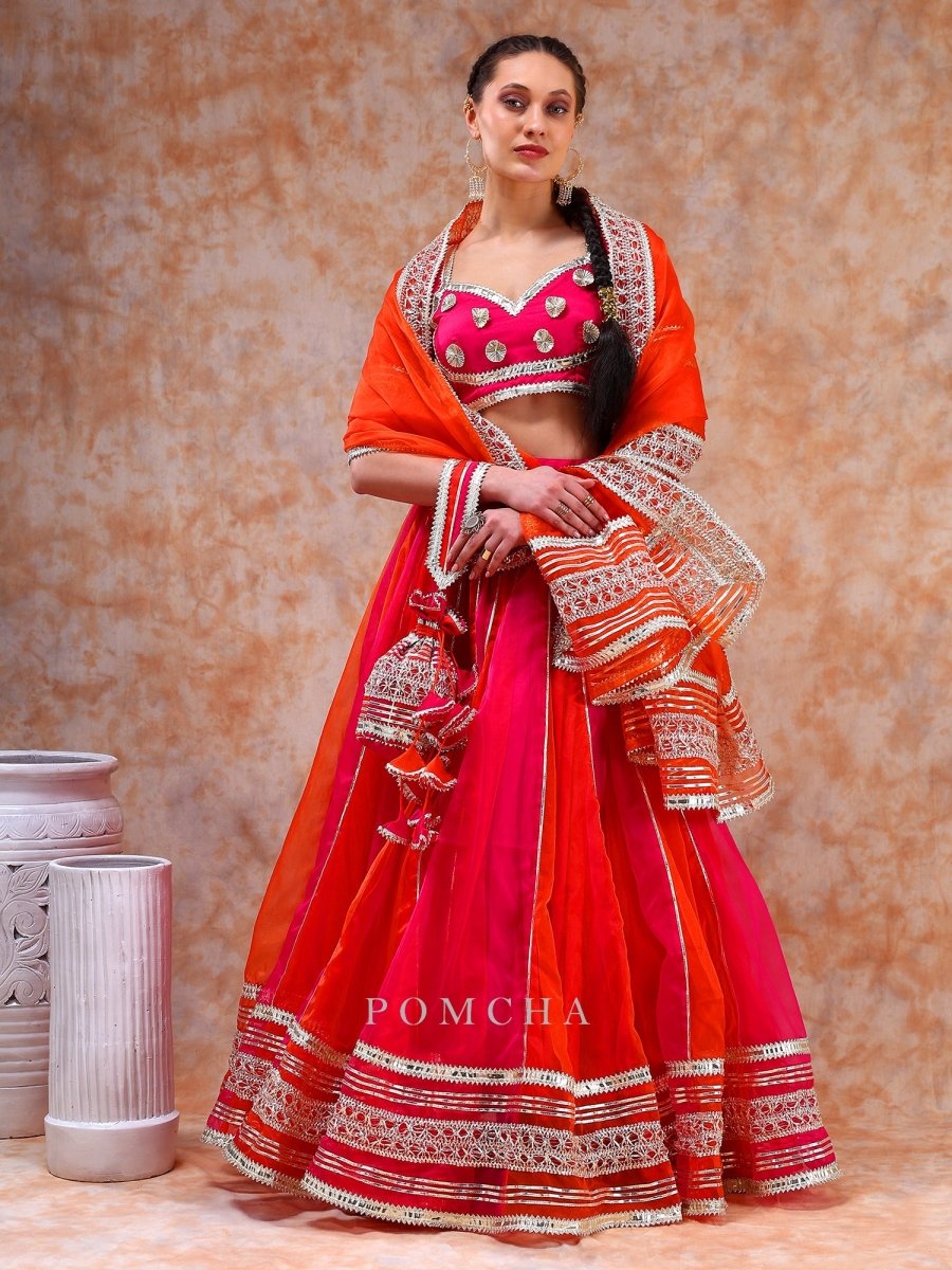 DIL KASH ORANGE PINK DOUBLE SHADE organza LEHENGA with lace work - Pomcha Jaipur