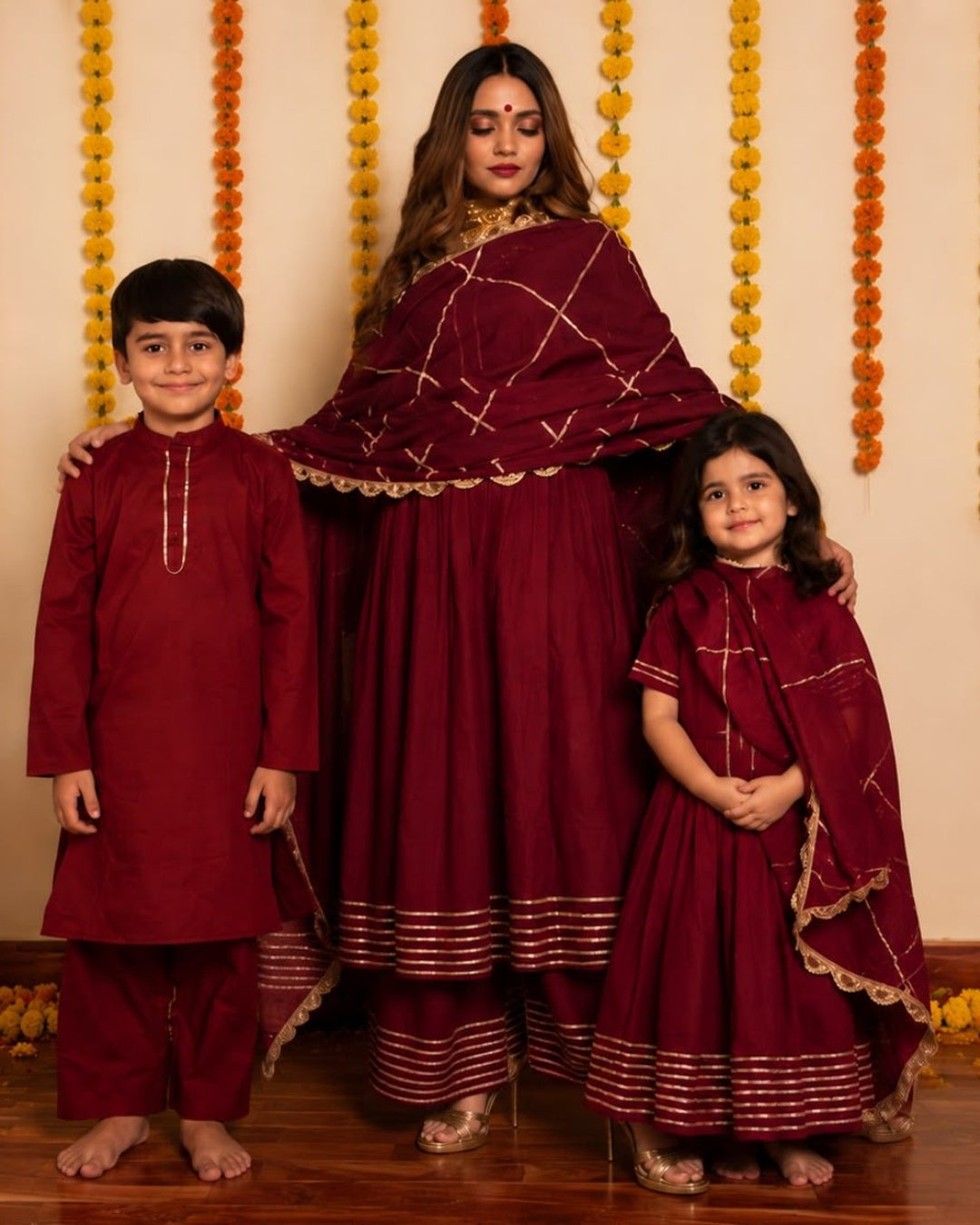 GOTTA JAAL MAROON COTTON FAMILY OUTFIT COMBO