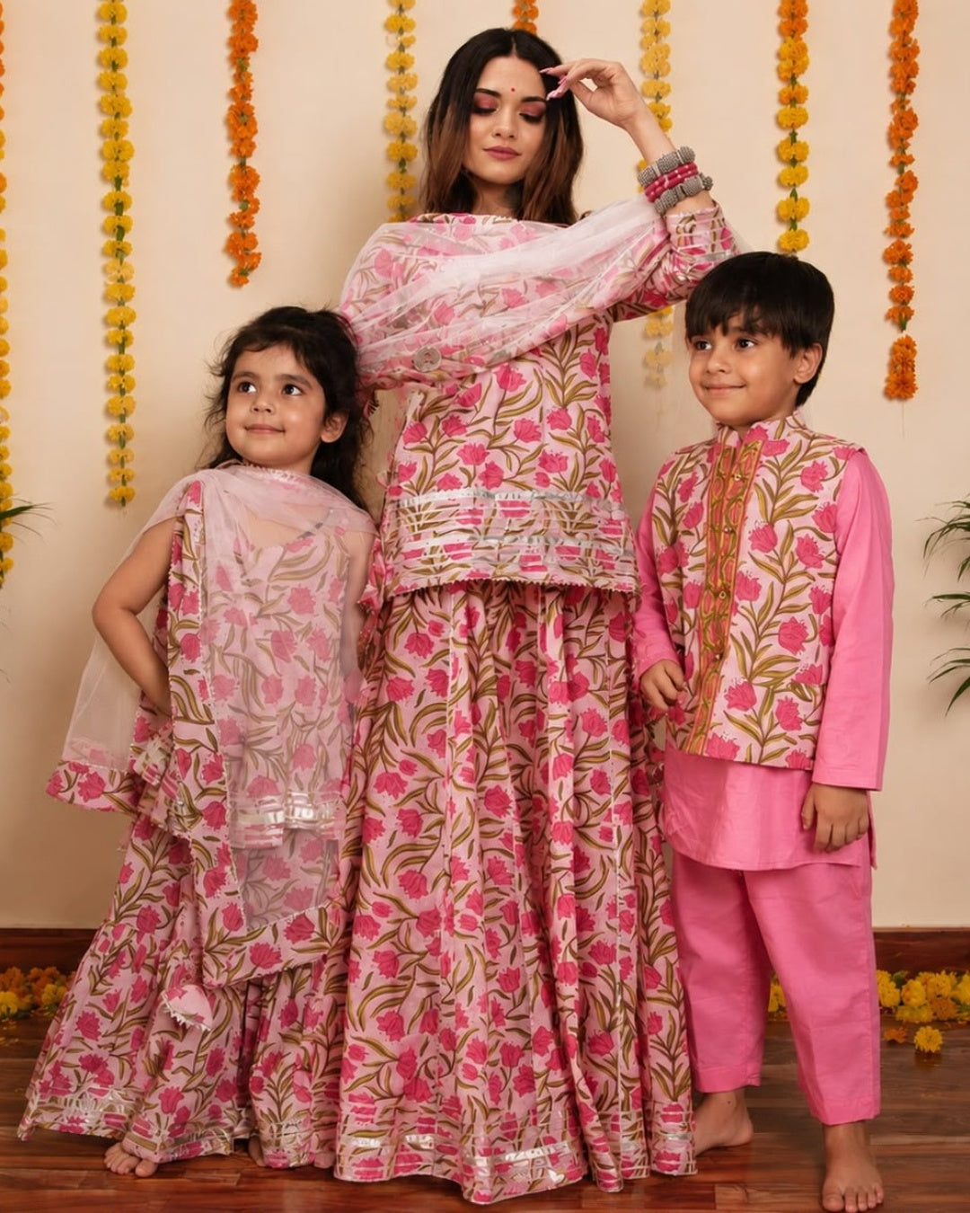 TULSI PINK HAND BLOCK COTTON FAMILY OUTFIT COMBO