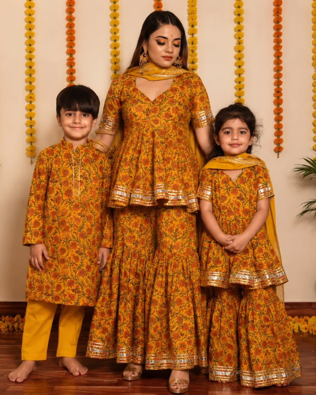 DARPAN MUSTARD YELLOW HAND BLOCK PRINT COTTON FAMILY OUTFIT COMBO