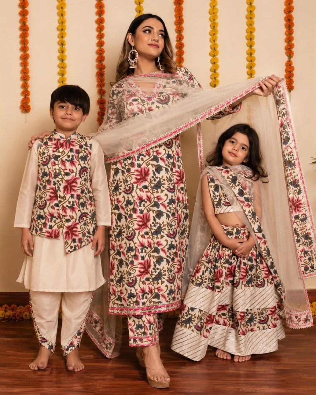 GARDEN ROSE OFF WHITE BLOCK PRINT COTTON FAMILY OUTFIT COMBO