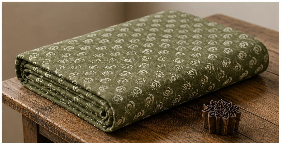 FOREST GREEN BUTA COTTON HAND BLOCK PRINT FABRIC