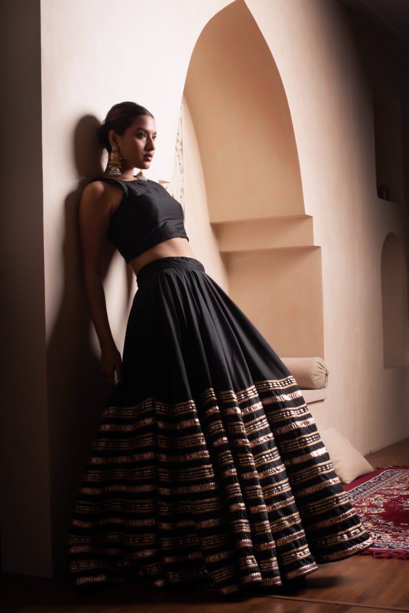 GHAZAL BLACK GOTA PATTI COTTON SILK LEHENGA SET WITH SOFT NET DUPATTA - Pomcha Jaipur