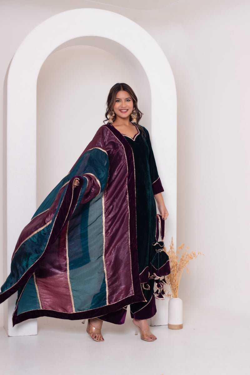 GHAZAL BOTTLE GREEN VELVET SUIT SET WITH COSMOS SILK DUPATTA - Pomcha Jaipur