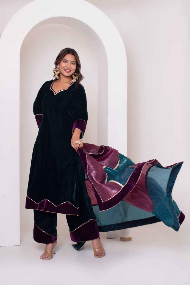 GHAZAL BOTTLE GREEN VELVET SUIT SET WITH COSMOS SILK DUPATTA - Pomcha Jaipur