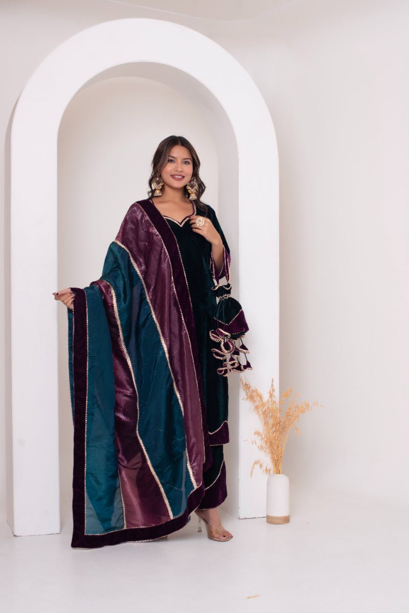 GHAZAL BOTTLE GREEN VELVET SUIT SET WITH COSMOS SILK DUPATTA - Pomcha Jaipur