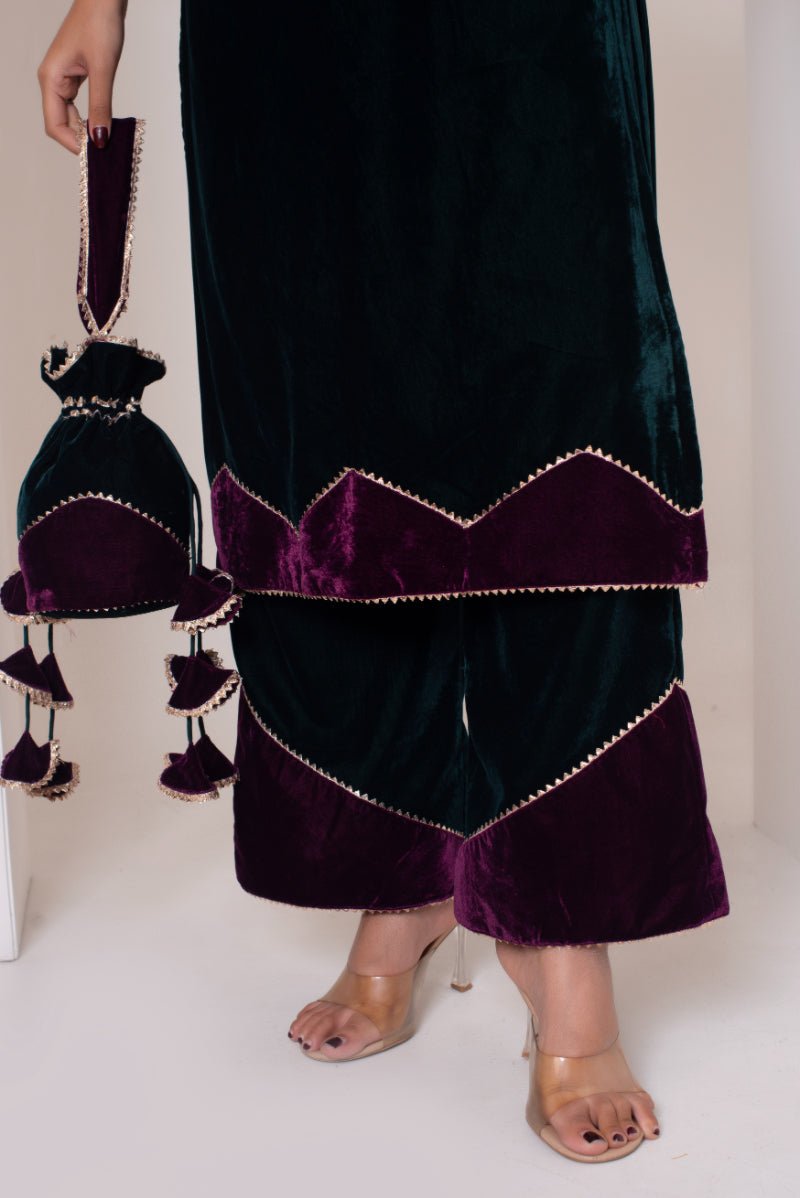 GHAZAL BOTTLE GREEN VELVET SUIT SET WITH COSMOS SILK DUPATTA - Pomcha Jaipur